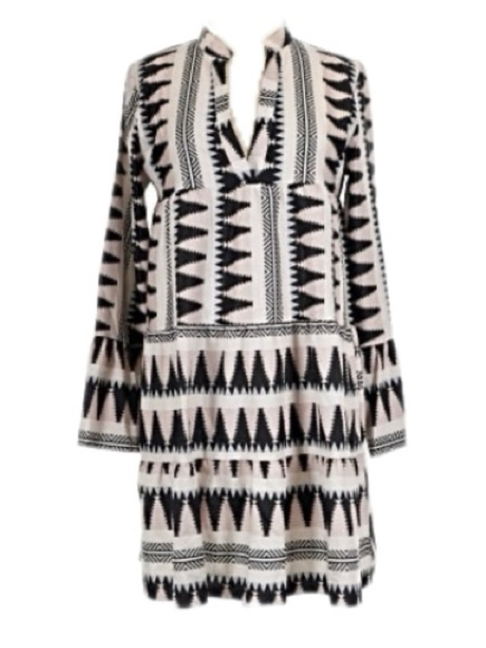 Black and Cream Patterned V-Neck Long Sleeve Dress Size Large